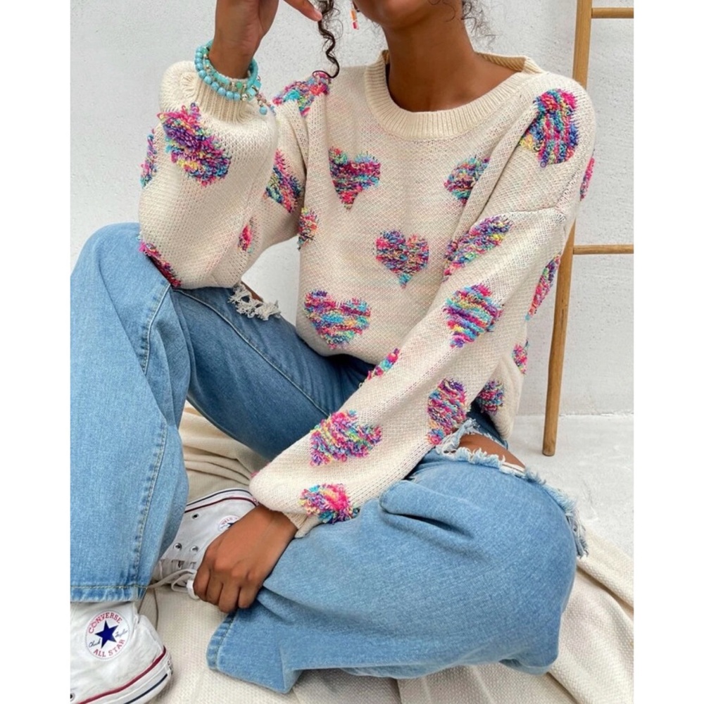 Cream Hearts Oversized Sweater S M L